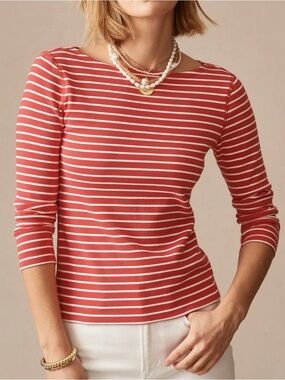 J. McLaughlin Coral and White Striped Long-Sleeve Boatneck Top